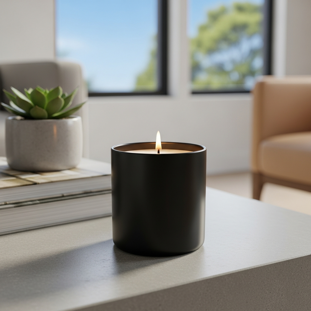 a high-quality scented candle burning cleanly in a modern home