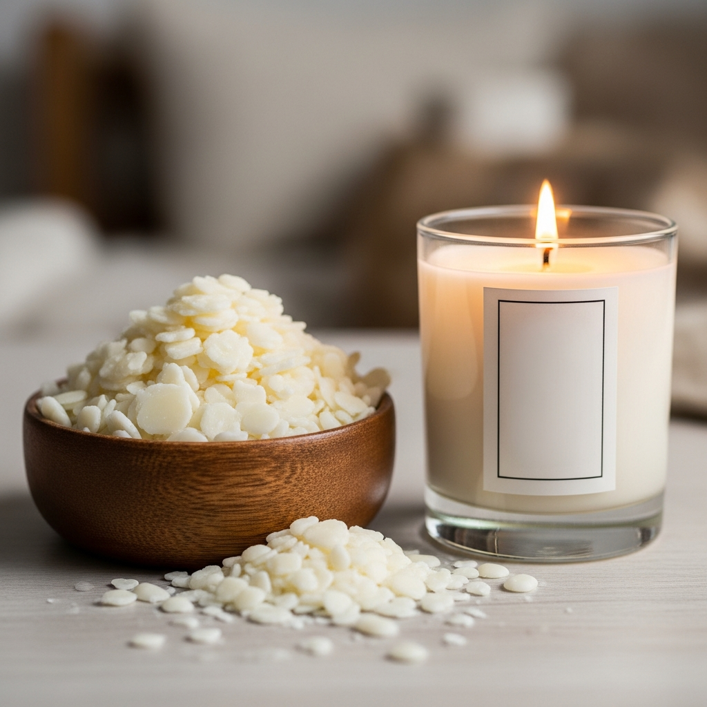 natural soy wax flakes next to a finished candle