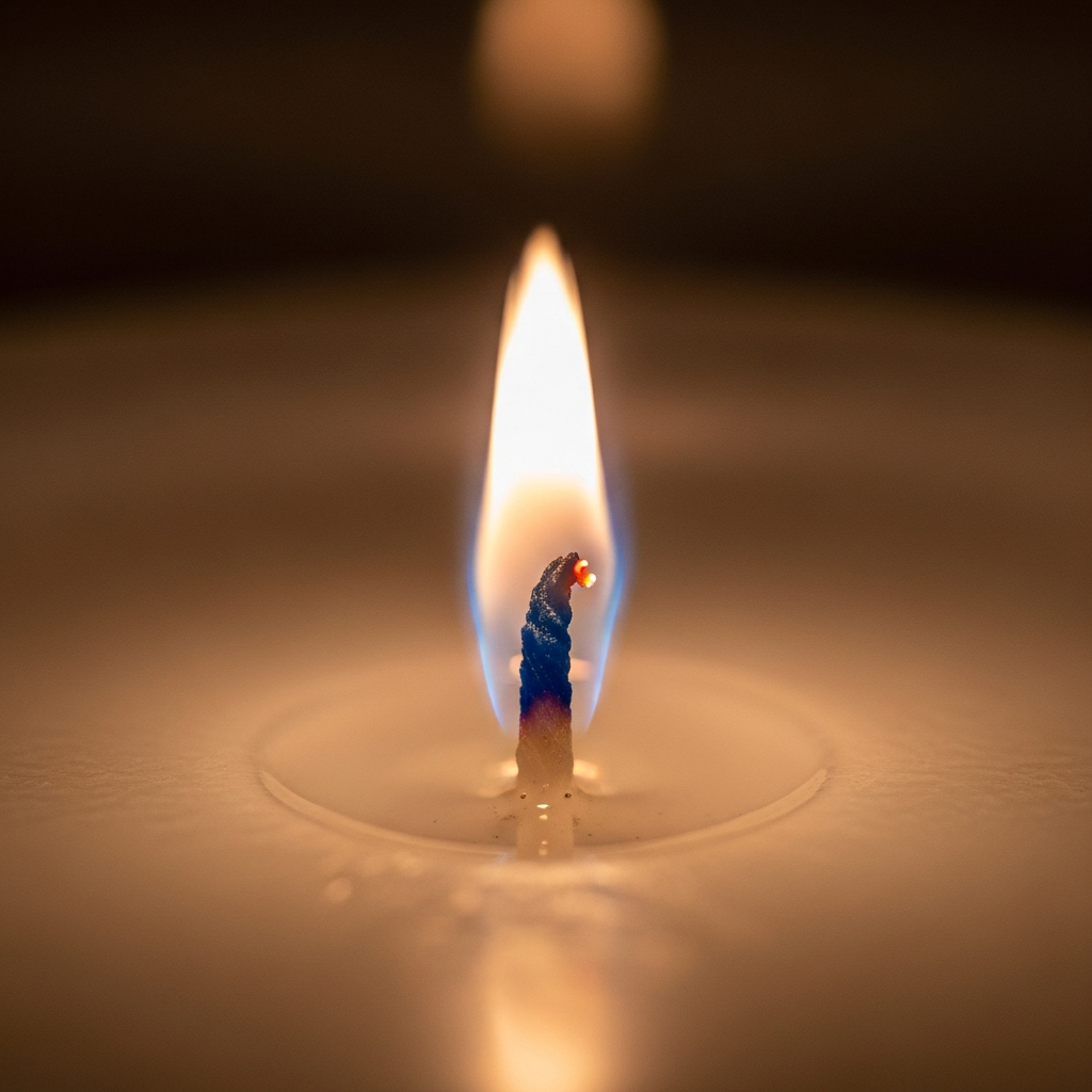 a close-up of a clean-burning candle wick with a gentle flame
