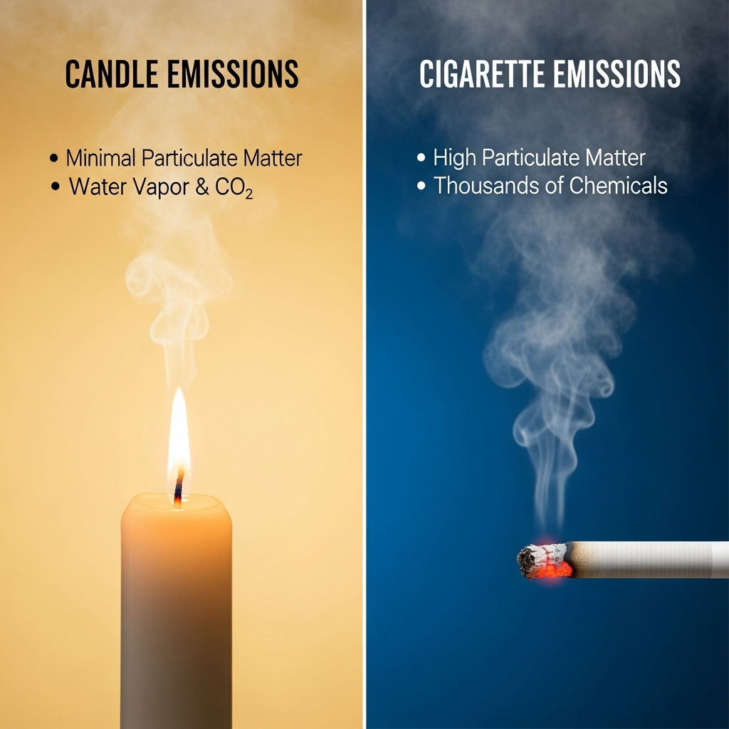 a graphic comparing the emissions of a candle versus a cigarette