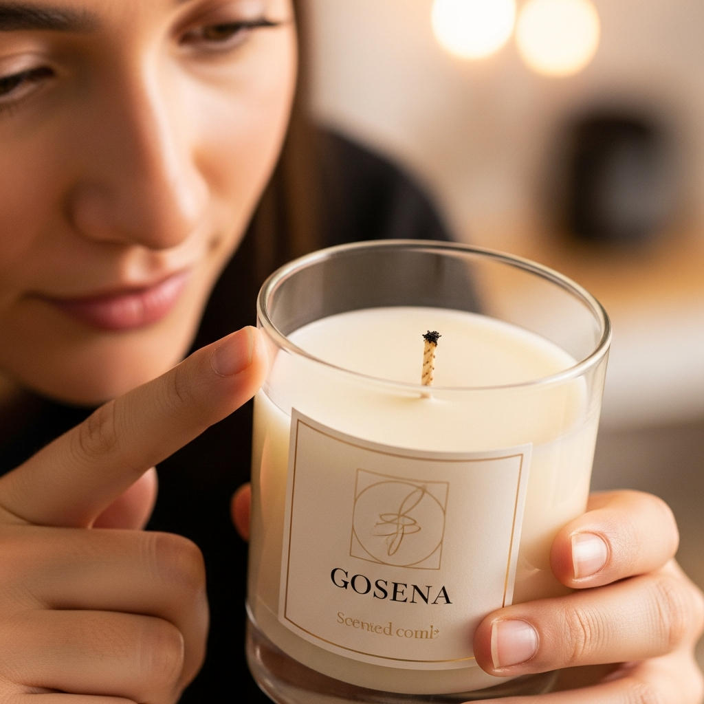 a person inspecting the label and wick of a scented candle
