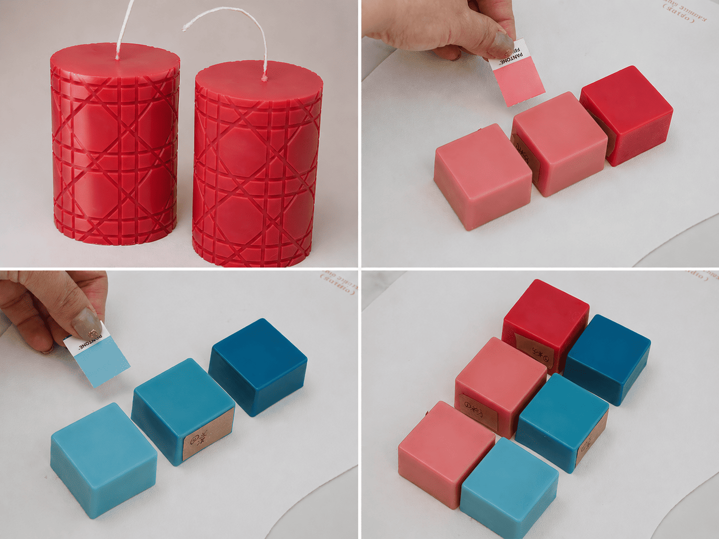 A four-panel image showing the custom candle color matching process involving Pantone chips and wax samples.