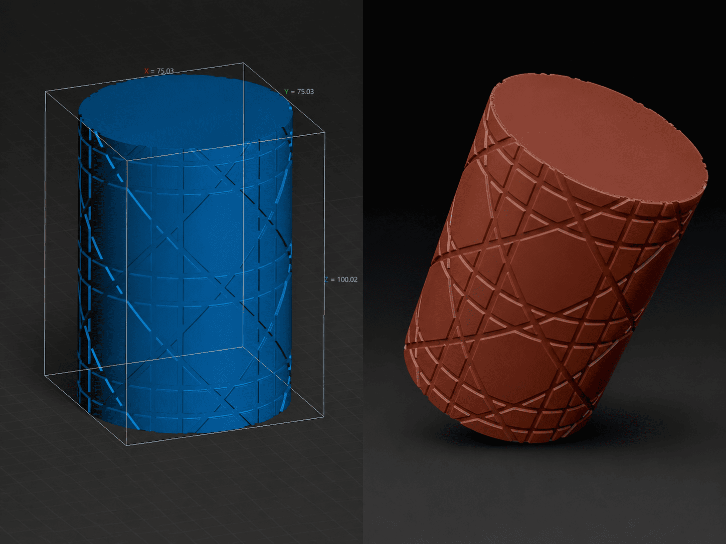 Side-by-side view of a custom luxury pillar candle 3D design process. Left: Blue CAD model with exact dimensional measurements for tooling. Right: High-fidelity 3D render highlighting the intricate woven cannage pattern.