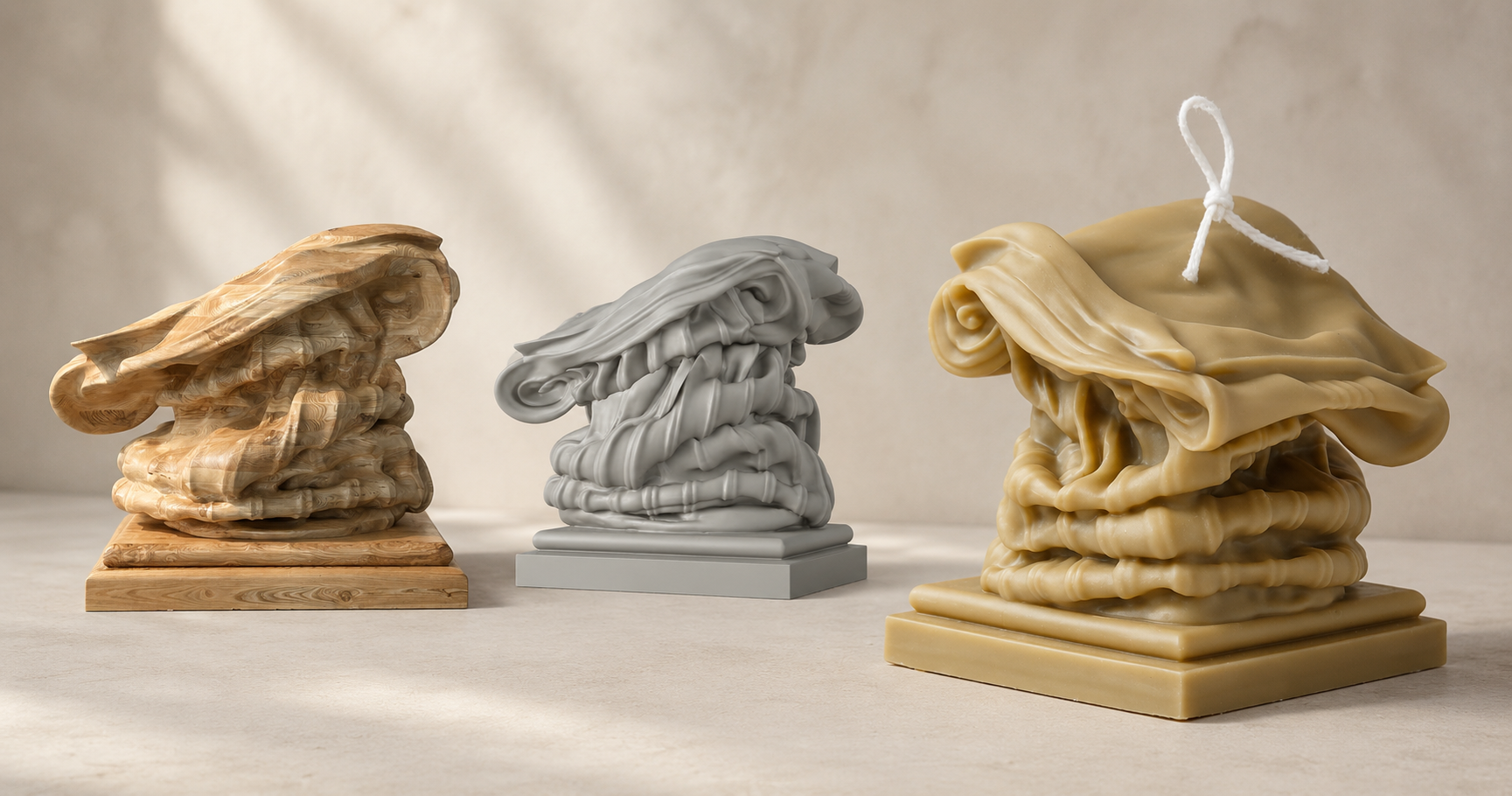 Custom molded candle form -- abstract sculptural form in warm studio light showing material texture