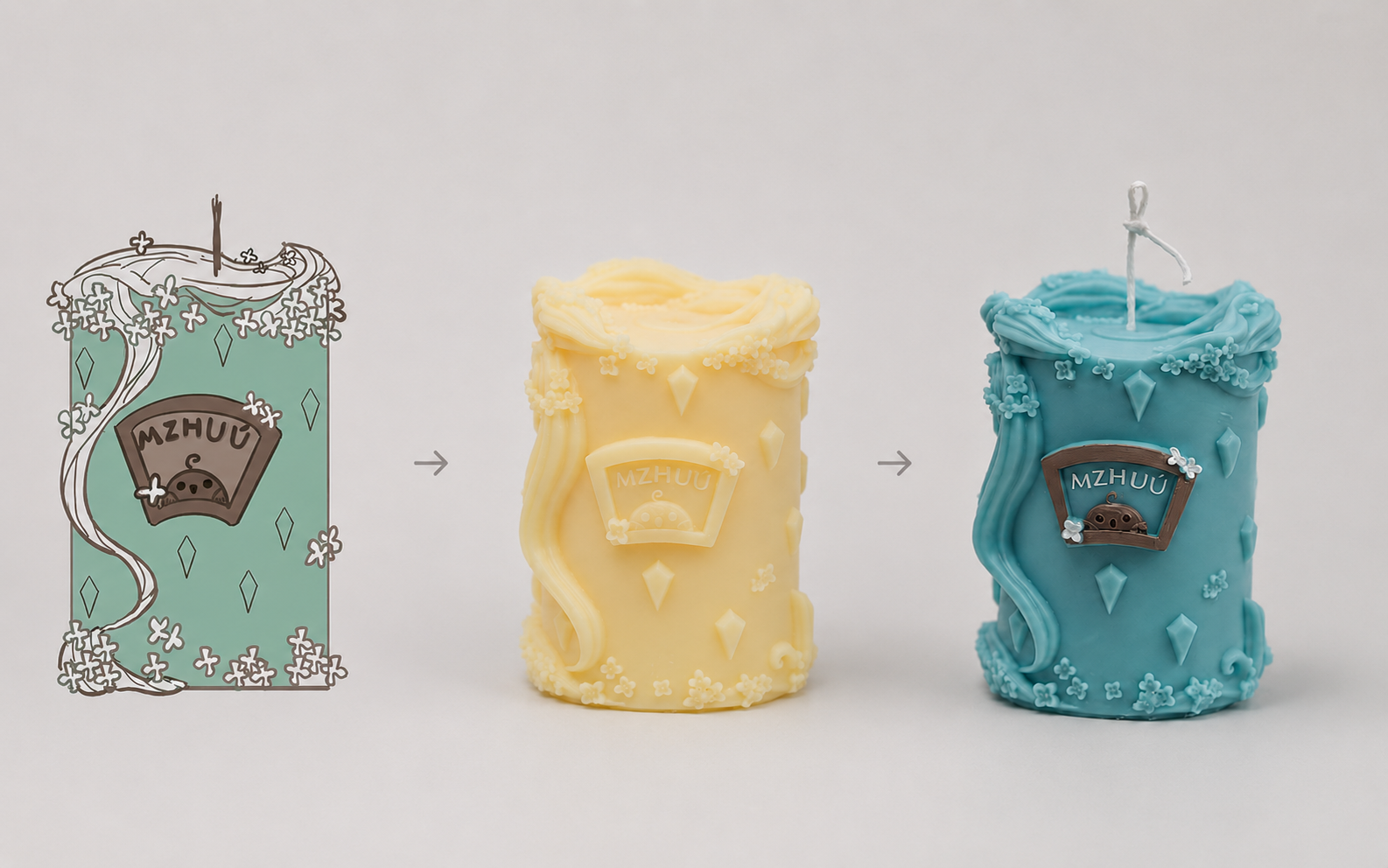 2D concept transformed into a custom sculptural candle through prototype and final production development