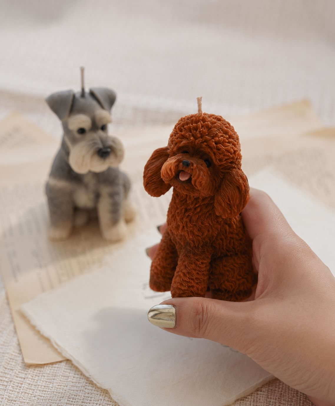 Custom pet dog sculptural candle with realistic fur texture and molded wax detail