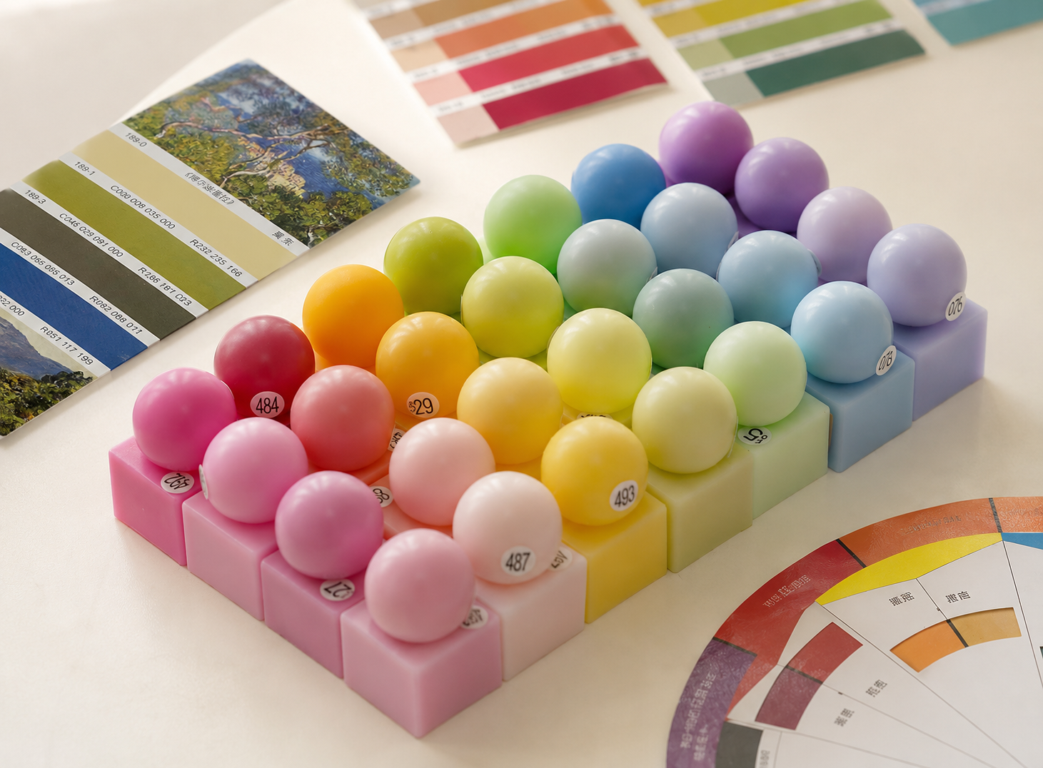 Material development study -- wax texture samples, color swatches and material testing documentation