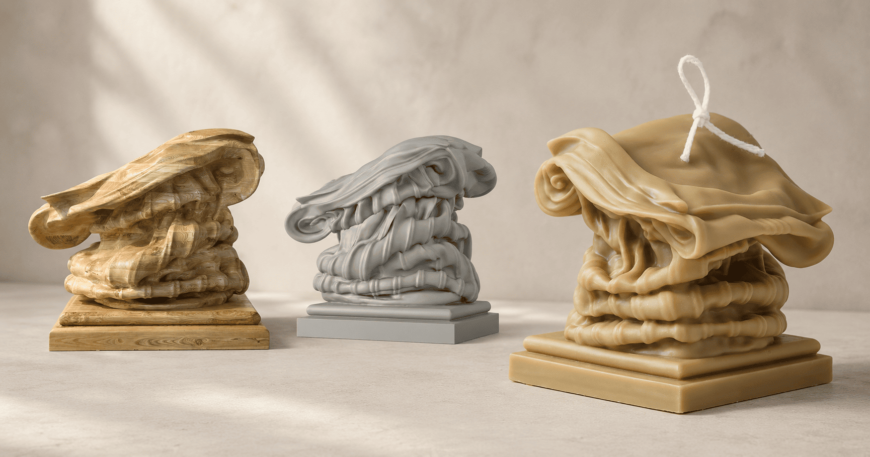 ZLCandle sample development stages -- reference, prototype, mold, white body, color test, finished sample