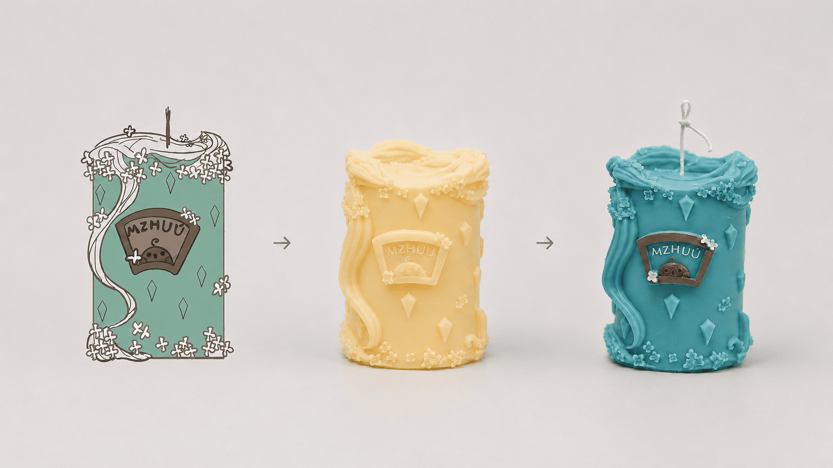 Client 2D candle concept translated into prototype and final sculptural candle by ZLCandle.