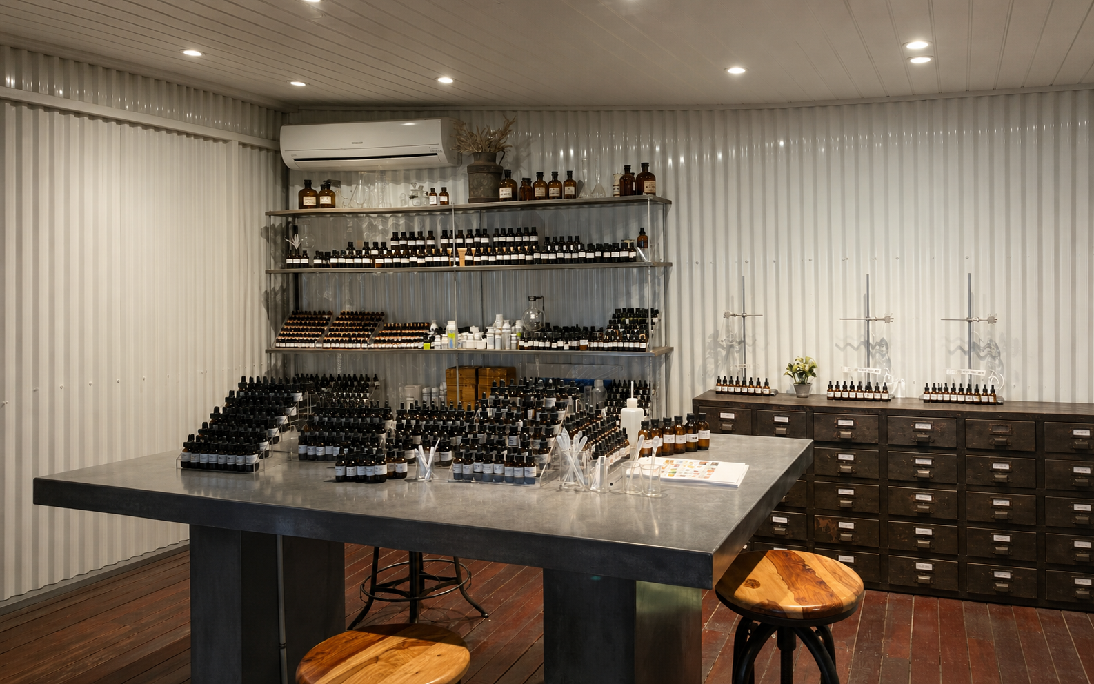 ZLCandle fragrance development lab with amber glass bottles, scent materials, stainless steel worktable, and custom candle fragrance testing setup”
          class=