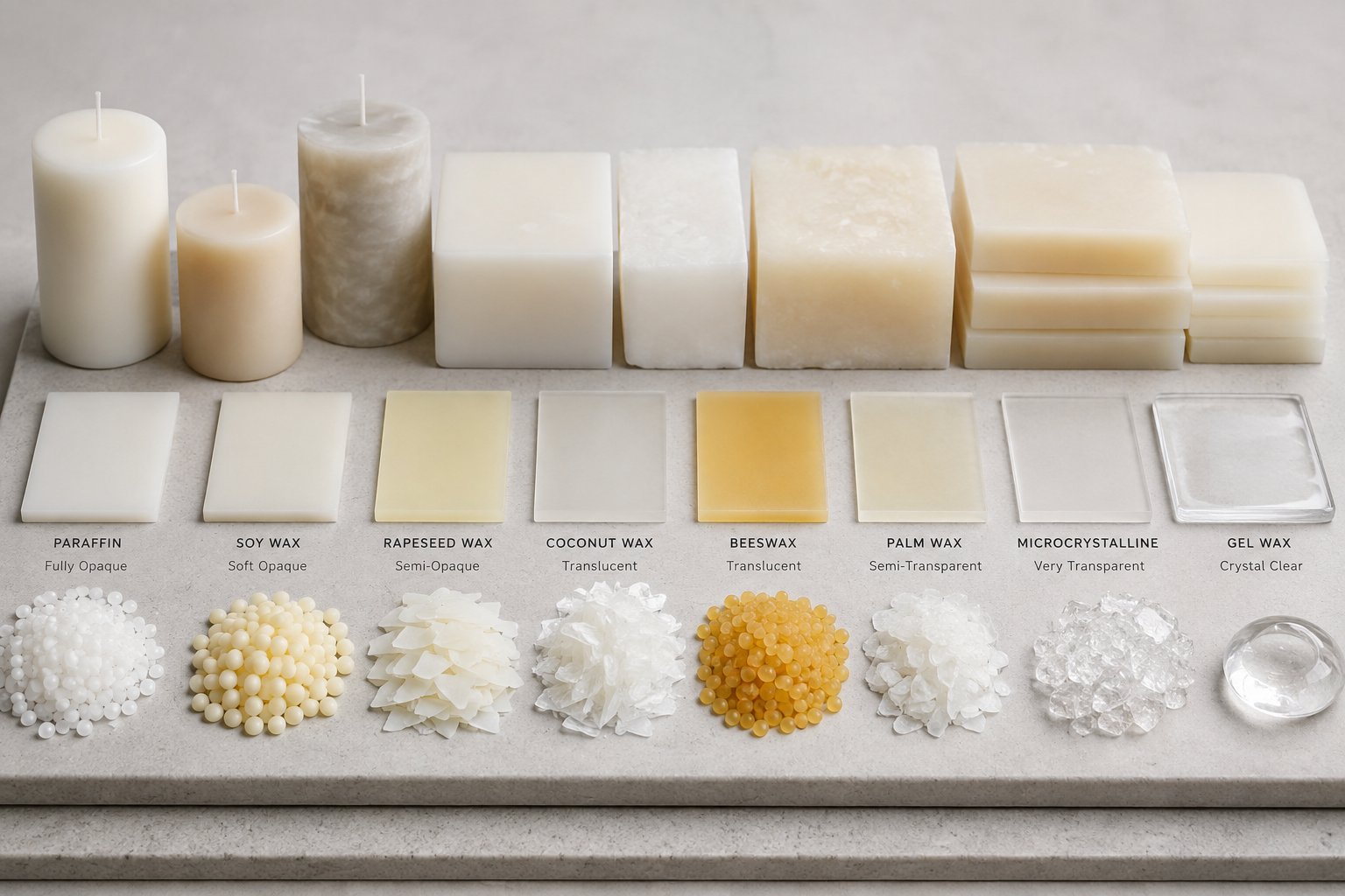 candle wax material comparison showing different surface and color properties