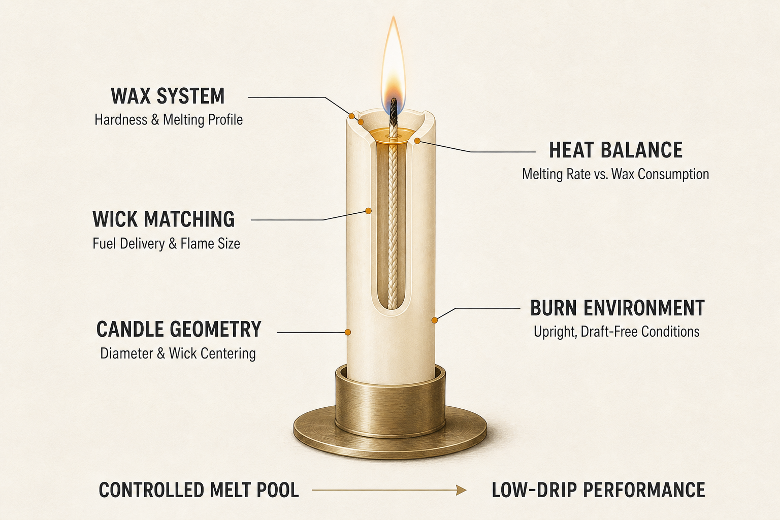 dripless taper candle burn system showing wax wick geometry heat balance and burn environment