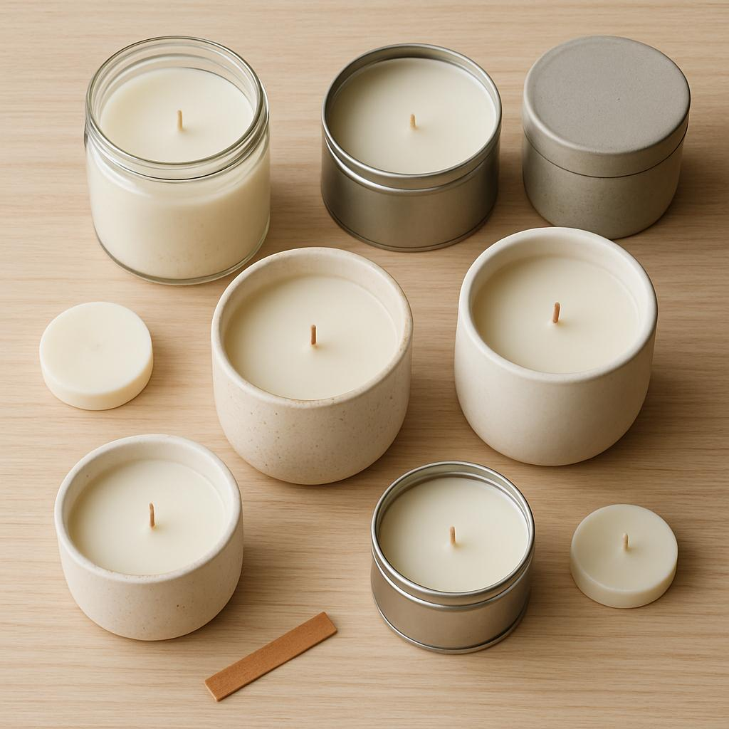 Product photo of candle vessels in glass, ceramic, and concrete